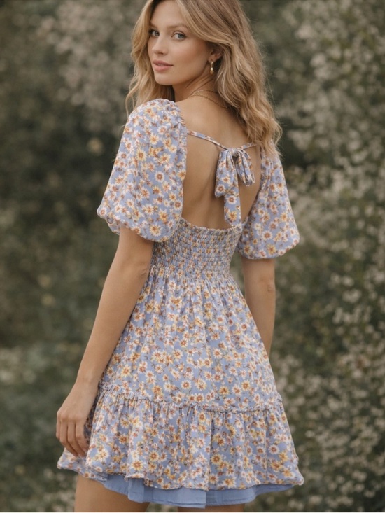 Altar'd State Dresses & Skirts - Altar’d State Blue Floral Smocked Mini Dress Open Back Puff Sleeve Cottagecore